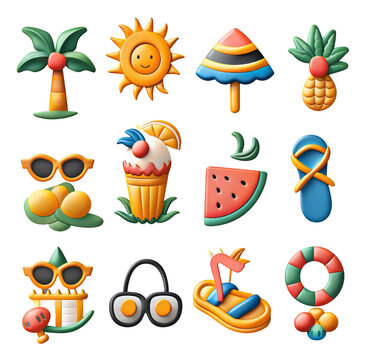 Collection of summer tourism and holiday symbols with drinks, sun and vegetation. Summer holiday accessories. Concept: vacations and entertainment, objects clipart