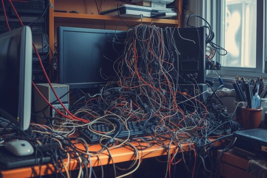 A chaotic computer desk cluttered with numerous wires and cables lying haphazardly, A tangled mess of cords by a home workspace, AI Generated