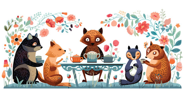 A group of anthropomorphic animals having a tea par