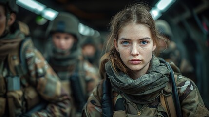 Freckled-Faced Female Soldier on Transport Plane: Wearing Military Scarf, Camouflage, Alongside Comrades - obrazy, fototapety, plakaty
