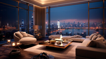 Fototapeta premium Luxurious penthouse with huge windows. View of the night metropolis and the sea. Abstract illustration.