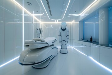 A sleek and modern room featuring a prominent white object at its center, showcasing a futuristic design, A technologically advanced clinic healing patients with nanotechnology, AI Generated - obrazy, fototapety, plakaty