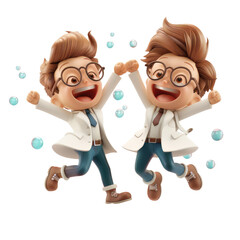 Two cartoon characters wearing lab coats and glasses are jumping up and down