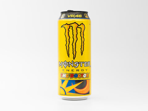 DRESDEN, GERMANY - 18. March 2024: Monster Energy The Doctor beverage. This special edition is a collaboration with the Mooney VR46 Racing Team and Valentino Rossi. The flavor is a taste of citrus.