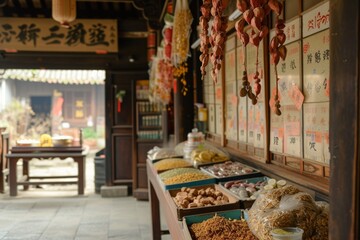 A food stand filled with a diverse array of appetizing dishes, showcasing a wide range of cuisine options, A traditional Chinese medicine shop with hanging herbs, AI Generated