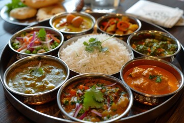 A metal tray filled with a diverse assortment of various types of food items, A traditional Indian thali filled with different vegetarian dishes, AI Generated