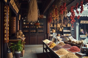 A bustling store filled with a wide variety of food items from different cuisines, offering an array of options for shoppers, A traditional Chinese medicine shop with hanging herbs, AI Generated - obrazy, fototapety, plakaty