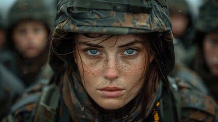 Female Soldier Portrait: Camouflage Uniform, Blue Eyes, Dirt on Face - obrazy, fototapety, plakaty