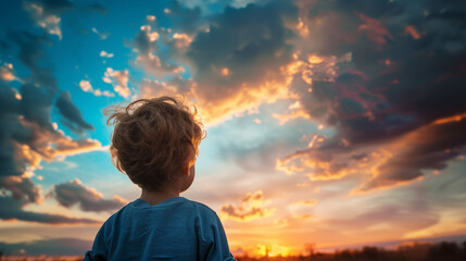 Kid looking at a beautiful sky, symbolizing growth hope aspiration, and future - obrazy, fototapety, plakaty