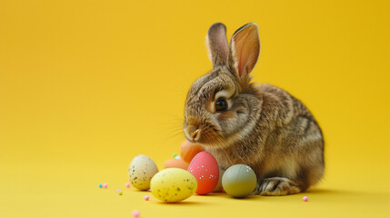 Fototapeta na wymiar Littl rabbit and easter eggs on yellow background.