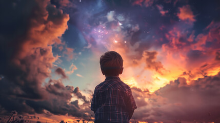 Kid looking at a beautiful sky, symbolizing growth hope aspiration, and future - obrazy, fototapety, plakaty
