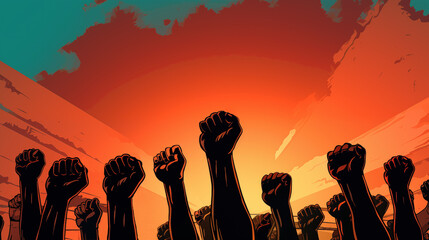Fists raised in the air in protest, solidarity, resistance, or fight for freedom. Poster style illustration. Riot, angry crowd of people with raised arms, on orange background. Copy space. - obrazy, fototapety, plakaty
