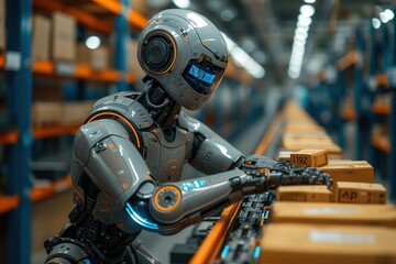 An advanced humanoid robot with intricate design, scanning barcodes on packages in a high-tech storage facility
