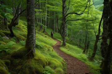 A scenic trail winding through a dense forest with vibrant green grass and towering trees, A tranquil, secluded forest trail with a lone backpacker navigating the winding path, AI Generated