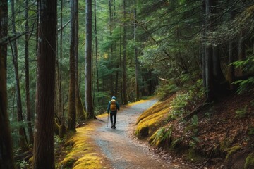 A person is walking down a path surrounded by trees in a dense forest, A tranquil, secluded forest trail with a lone backpacker navigating the winding path, AI Generated