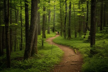Obraz premium A scenic path surrounded by dense green foliage, cutting through the heart of a vibrant forest, A tranquil, secluded forest trail with a lone backpacker navigating the winding path, AI Generated