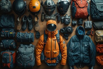 A collection of adventure, travel, and outdoor equipment laid out in an organized manner - obrazy, fototapety, plakaty
