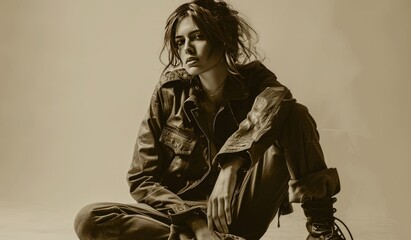 Rugged Denim Elegance, woman's striking presence is captured in sepia tones, her gaze intense, as she sits clad in timeless denim, the texture and mood of the setting echoing a raw and edgy beauty