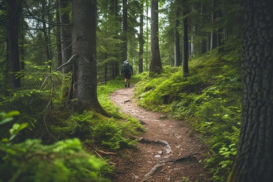 A person is seen walking along a trail within a forest, surrounded by trees and vegetation, A tranquil, secluded forest trail with a lone backpacker navigating the winding path, AI Generated