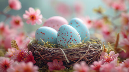 Fototapeta na wymiar easter eggs in a basket with pink spring flowers, copy space background