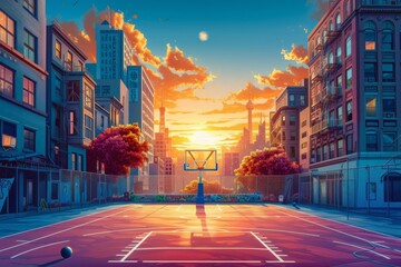A Painting of a Basketball Court in the Middle of a City, A vibrant cityscape with a basketball court in the center, bathed in the glow of a setting sun, AI Generated
