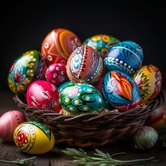 Fototapeta premium Decorated easter eggs in a basket with colorful happy colors