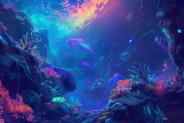 This photo depicts a vibrant painting showcasing an ocean scene filled with colorful fish and corals, A vibrant alien ocean with luminescent underwater creatures, AI Generated