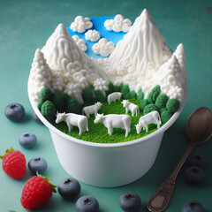 Cows, mountains in the cup made of yoghurt