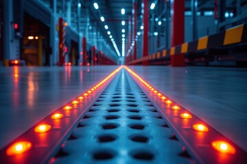 An empty warehouse aisle with futuristic LED track lighting system illuminating the space