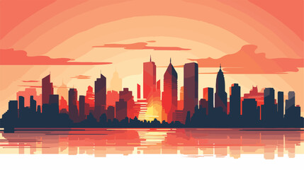 A panoramic view of a city skyline at sunset 