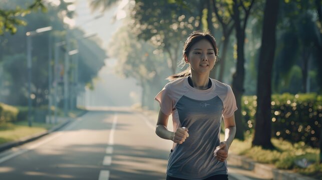 A tall and slender Asian female runner. Jogging along the curve of the road in the park. The morning was bright and she smiled happily.