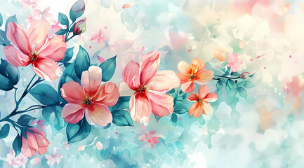 Fototapeta na wymiar Colorful watercolor background with blooming flowers