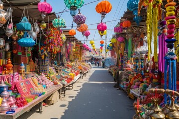 Fototapeta premium A narrow street radiates with an array of vibrant lanterns hanging overhead, creating a captivating display of color and light, A vibrant Eid market with festive decorations, AI Generated