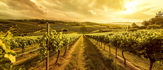 a summer vineyard field at sunset - obrazy, fototapety, plakaty