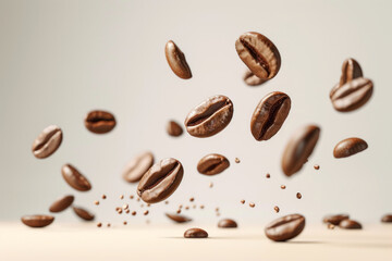 Splash of roasted coffee beans close up isolated on light slightly meringue background with space for text or inscriptions, selective focus close up
