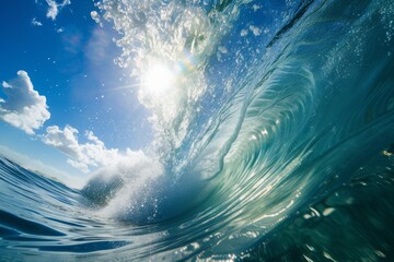Sun Shining Through Clouds Over the Ocean, A view from the bottom of a towering wave, with the sun shining through, AI Generated