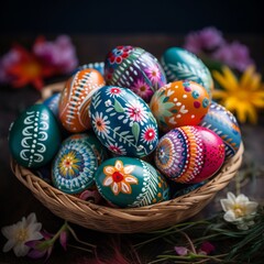 Fototapeta premium Decorated easter eggs in a basket with colorful happy colors