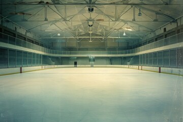 An expansive ice rink devoid of people or activity in a spacious building, A vintage style postcard of a serene, empty ice rink waiting for a hockey match to begin, AI Generated