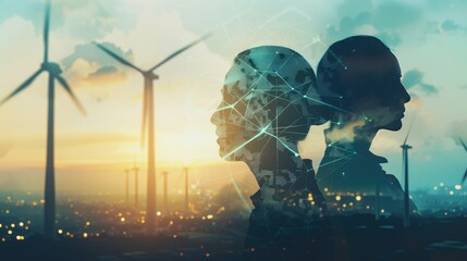 Double exposure graphic of business people working over wind turbine farm and green renewable energy worker interface.