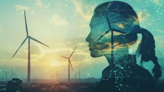 Double exposure graphic of business people working over wind turbine farm and green renewable energy worker interface.