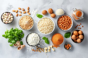 A table showcasing an assortment of bowls filled with different types of delicious food, A visual representation showing various common food allergens, AI Generated