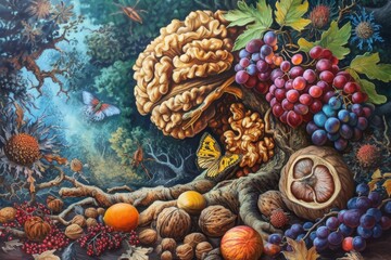 An artistic representation of a varied assortment of fruits and nuts showcased in a vibrant and engaging painting, A vivid painting conveying the concept of a tree nut allergy, AI Generated - obrazy, fototapety, plakaty
