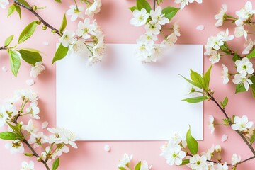Fresh branches of cherry white blossoms on pastel pink background. Mockup for blank white card with copy space for text