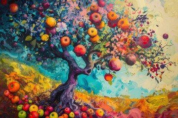 This photo showcases a beautifully painted image of an apple tree adorned with numerous ripe...