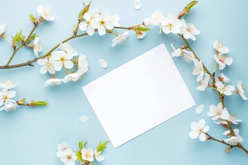 Fresh branches of white cherry flowers on a pastel blue background. Blank white card mockup with copy space for text