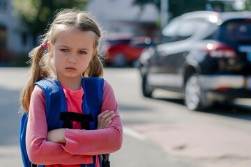 Little grumpy girl standing with crossed arms in front of school with schoolbag on street.