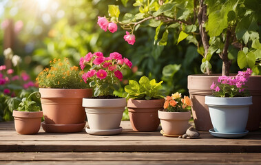 Fototapeta premium Sunny Spring or Summer Garden Scene with Flowerpots - Ideal for Gardening Background