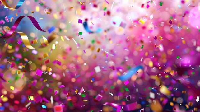 Colorful Confetti on Colorful Background with Bokeh. Carnival, Poster, Art, Abstract, Wallpaper, Birthday, Party, Celebration, Decoration, Colourful, Fun, Happy, Anniversary, Card
