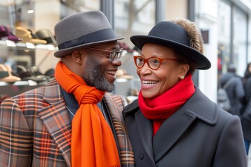 Senior couple shopping together in city, engaged lifestyle in retirement. Elderly pair dressed for cold weather exudes warmth amidst a colorful retail setting, showcasing a casual outing together..