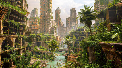 Desolate post-apocalyptic city, jungle reclaims dilapidated abandoned urban buildings overrun by lush greenery 